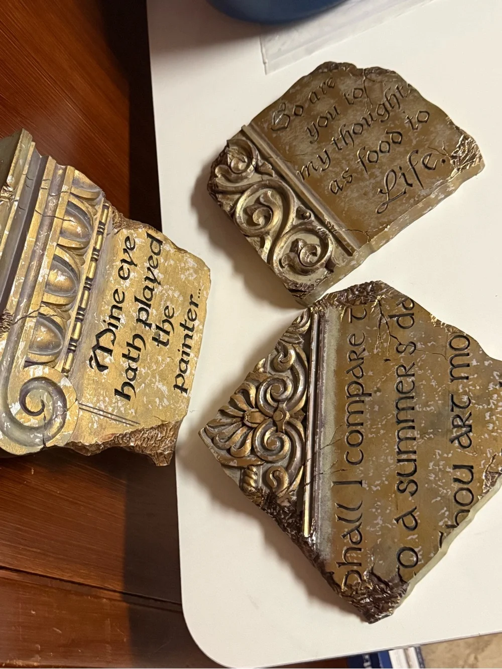 Shakespeare Quote gilded faux-stone architectural Wall Plaques Set of 3